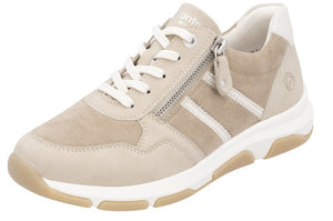 Beige suede sneaker with white laces and side zipper.