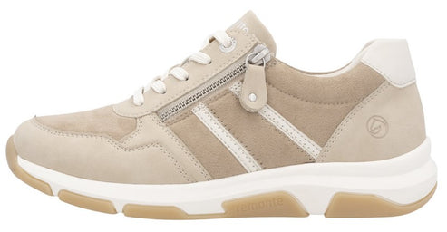 Beige sneaker with side zipper, white stripes, and thick white sole.