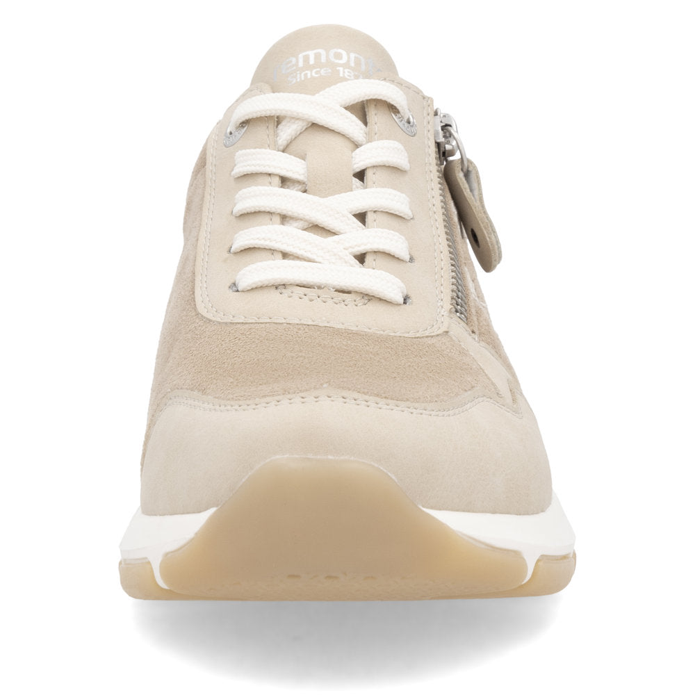 Beige sneaker with laces and side zipper.