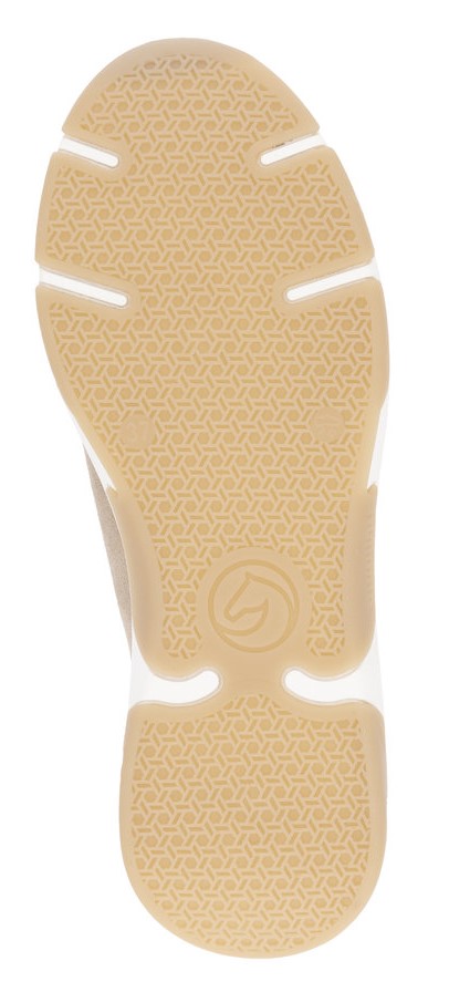 The sole of a shoe has a geometric texture and grooved traction.