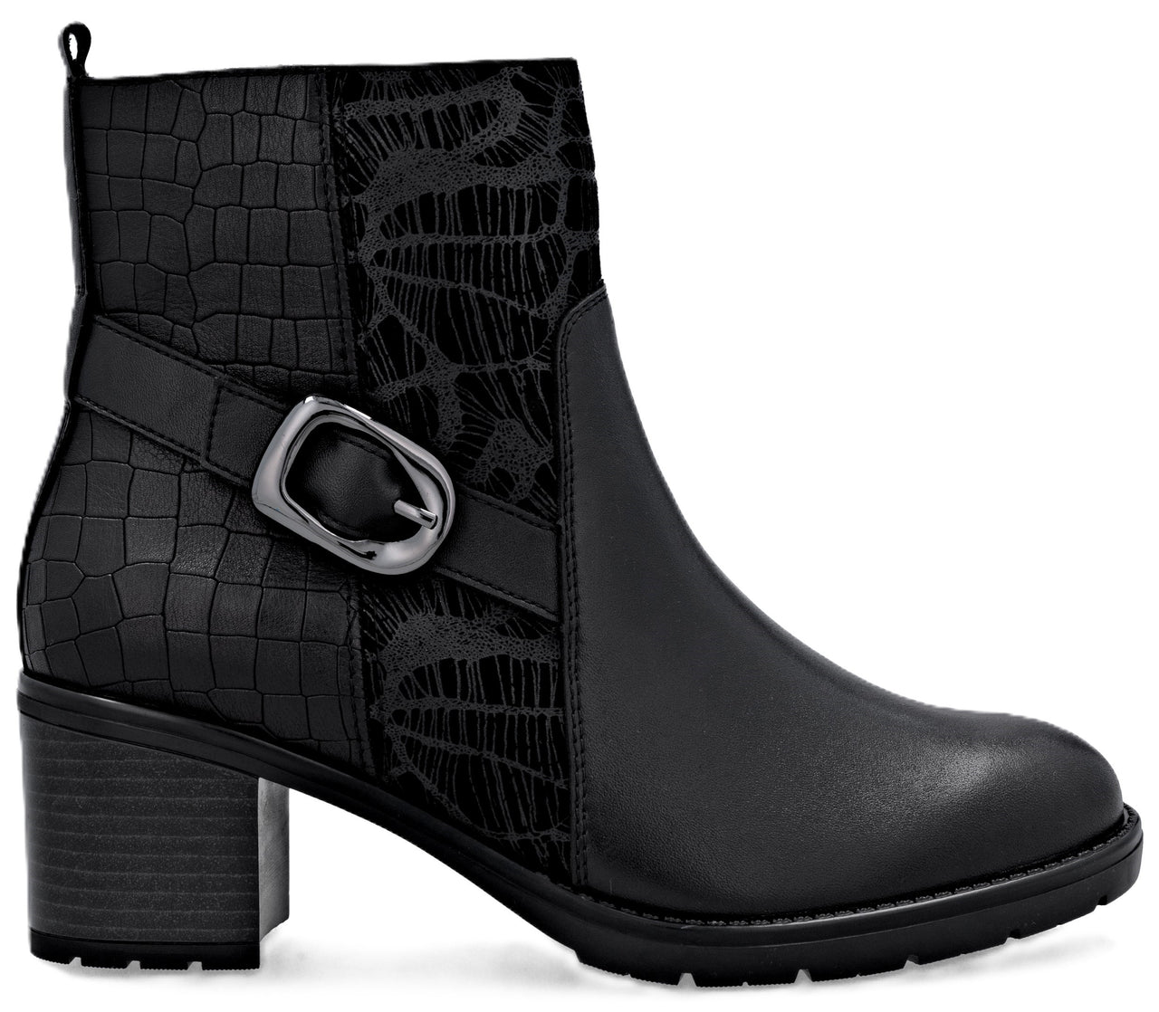 Black ankle boot with a block heel, buckle, and reptile print panel.