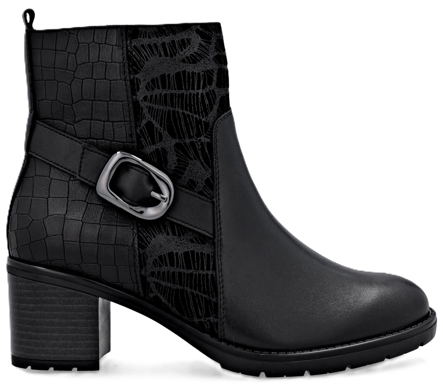 Black ankle boot with a block heel, buckle, and reptile print panel.