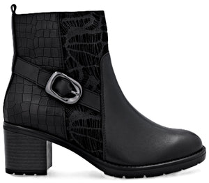 Black ankle boot with a block heel, buckle, and reptile print panel.