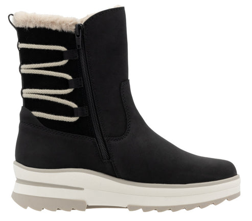 Black mid-calf boot with white trim, a zipper closure, and a white platform sole.