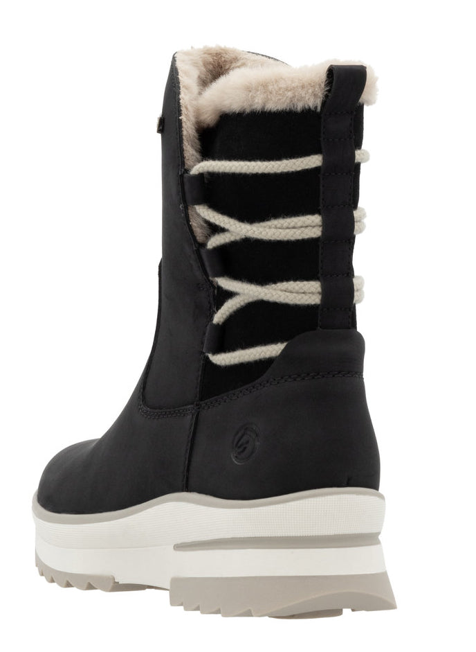 Back view of black, calf-height winter boot featuring a platform sole with cream and gray tones and lace-up details.