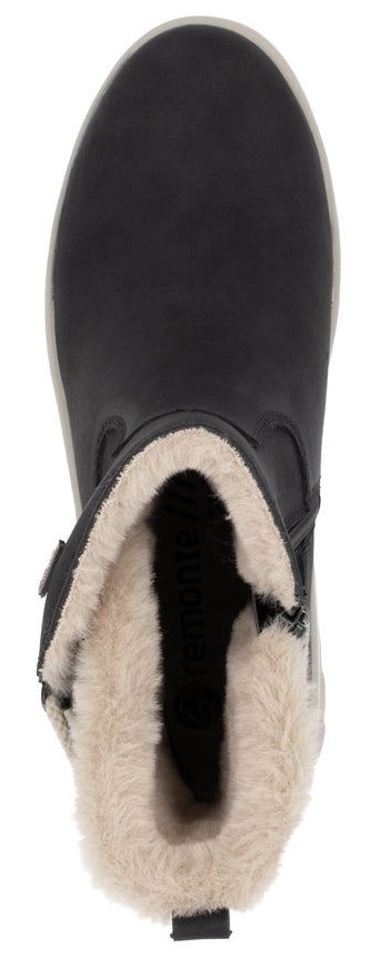 Top-down view of a black, fur-lined ankle boot with a zipper.
