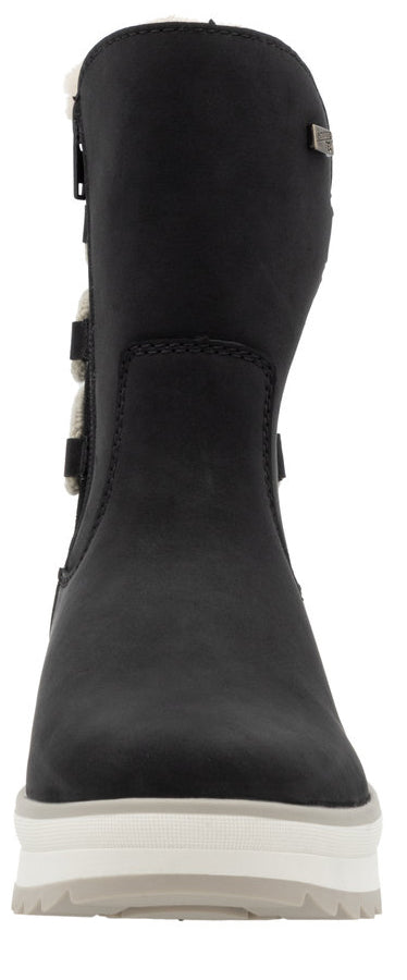 A black boot with a white and grey sole.