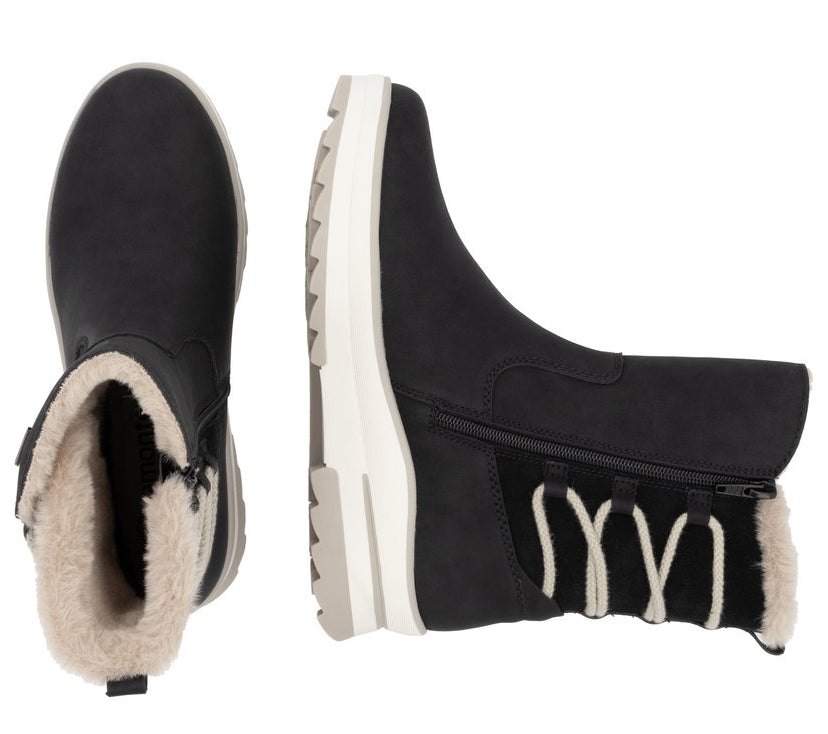 Black ankle boots with fur lining, side zipper, and decorative laces.