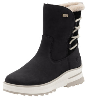 Black above-the-ankle boot with lace-up detail, light-colored platform sole, and fur lining.