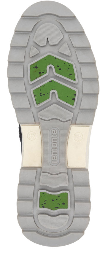 Bottom view of a shoe sole, grey with green accents, ridged edges, and "remonte" text in the middle.