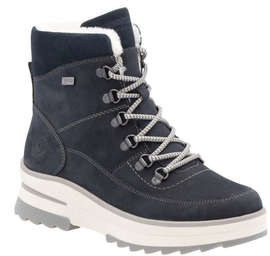 Navy blue ankle boot with silver hardware, thick white and grey soles, and white fur trim around the top.