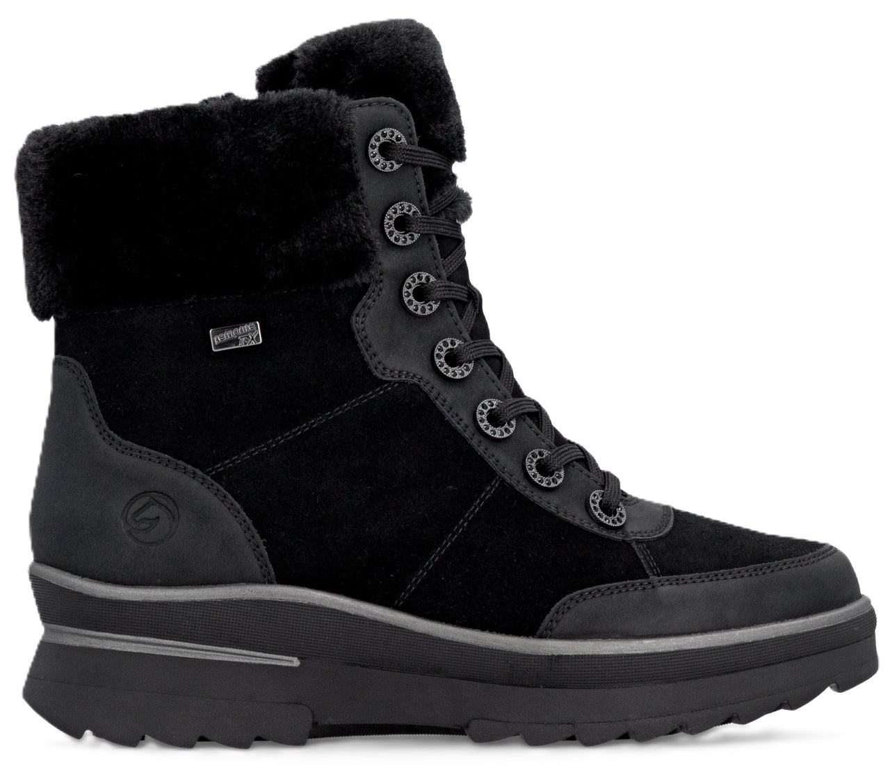 Black boot with faux fur lining and silver accents.