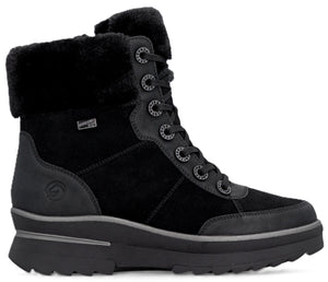 Black boot with faux fur lining and silver accents.