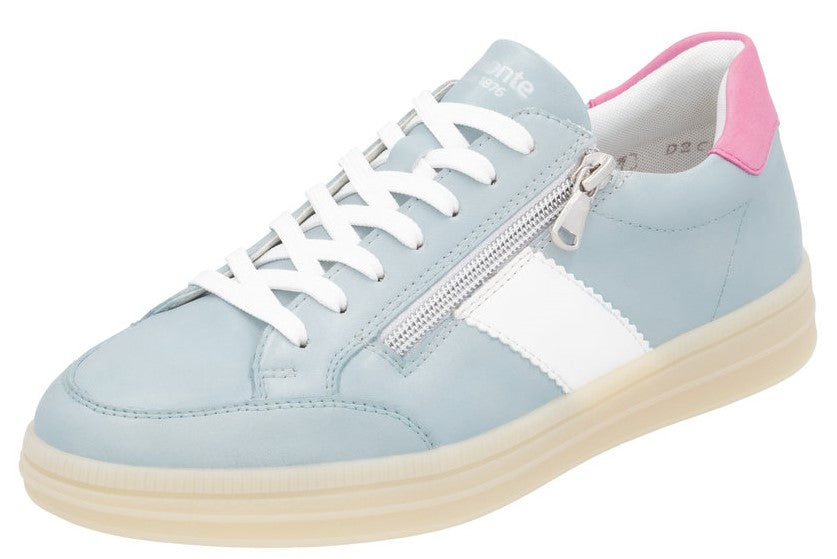 Light blue leather sneaker with white laces, side zipper, white stripe, pink heel accent, and translucent sole.