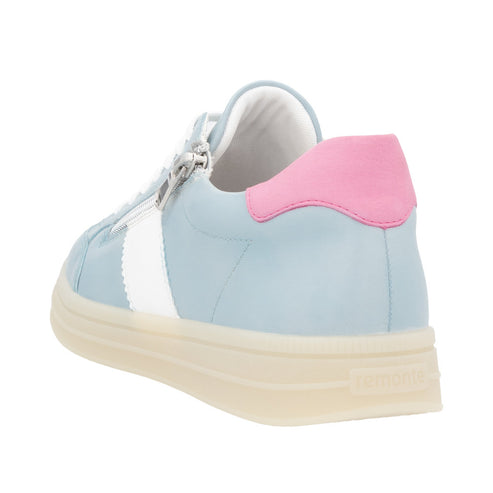 Light blue sneaker with white stripe and pink heel accent.