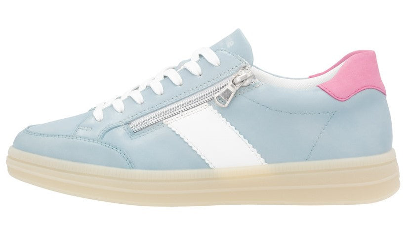 Light blue sneaker with white laces, white stripe, and pink heel.