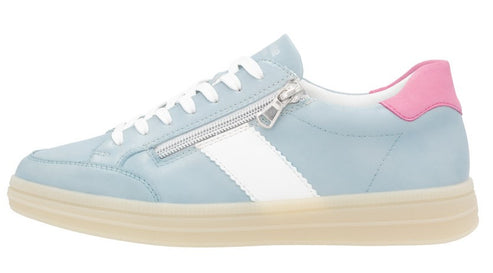 Light blue sneaker with white laces, white stripe, and pink heel.
