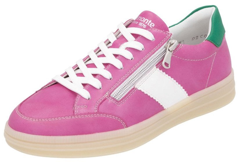 Pink leather sneaker with white laces, white stripe, green heel and silver zipper.