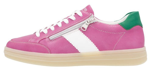 Pink sneaker with white stripe, green heel, white laces, and silver zipper.