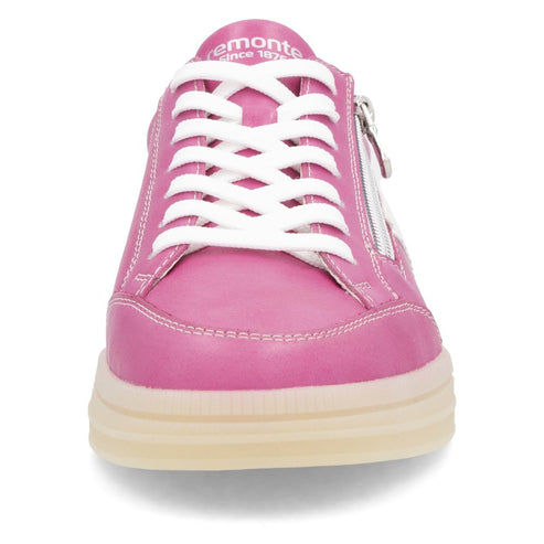 Front view of pink Remonte sneaker with white laces and a side zipper.