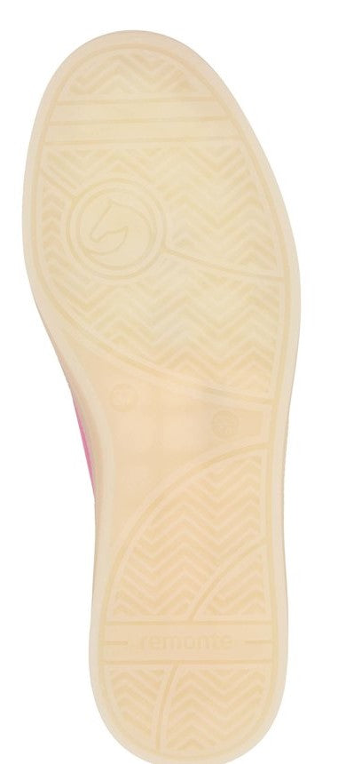Shoe sole with a light color and patterned bottom.