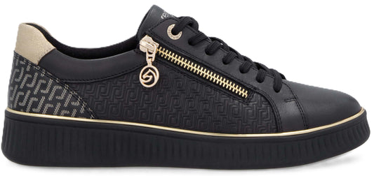 Black low-top sneaker with gold zipper.