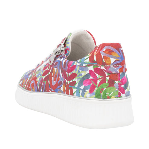Floral patterned sneaker with white platform sole.