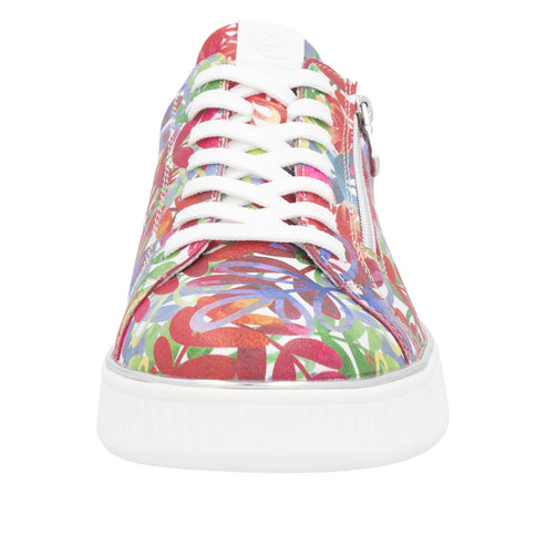Floral-print sneaker with white laces and platform sole.