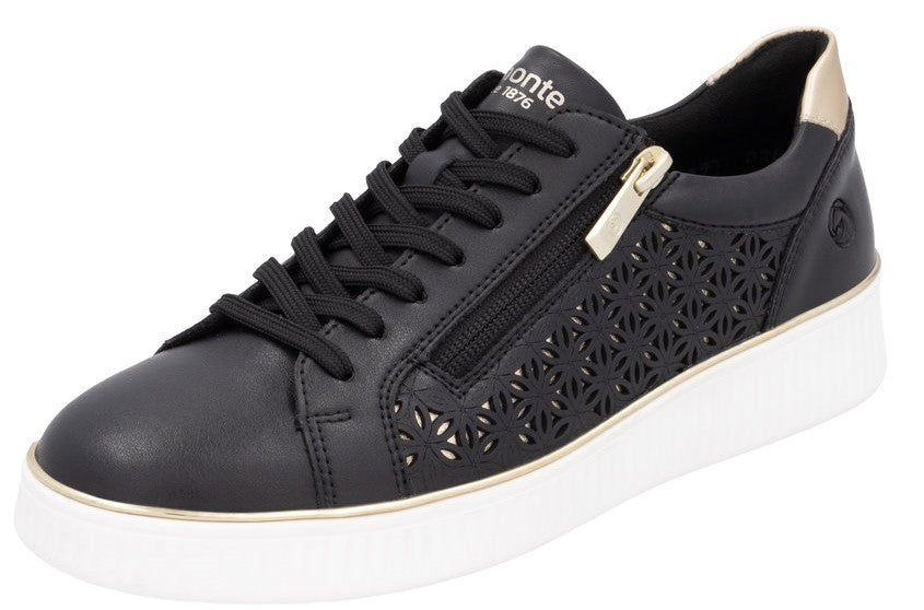 Black leather sneaker with white sole, floral cutouts, side zipper, and laces.
