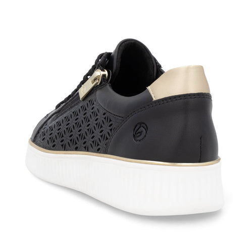 Black leather sneaker with perforated design, gold accent on heel and side zipper, white platform sole.
