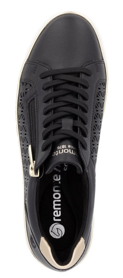 A top-down view of a black sneaker with decorative perforations, a side zipper, and laces.