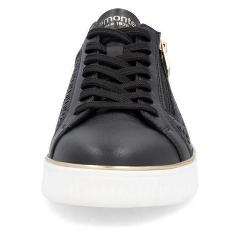 A low-cut, black, lace-up leather sneaker with a white sole and a gold stripe, with the text 'remonte since 1876' visible on the tongue.