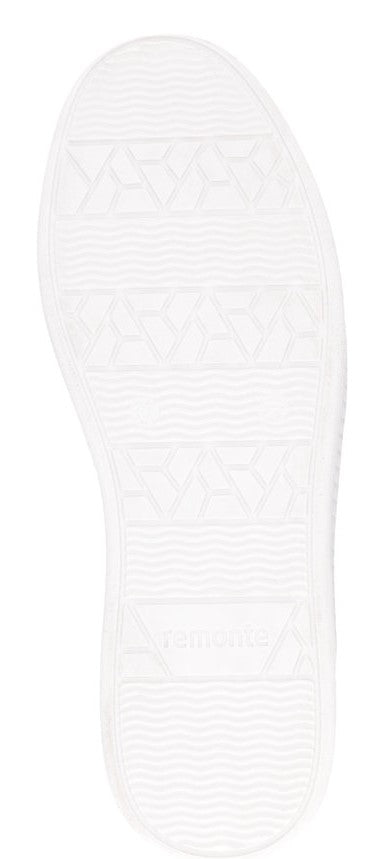 Bottom of a white shoe with ridged traction and geometric patterns.