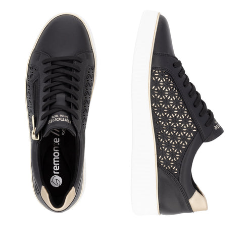 Pair of black Remonte lace-up sneakers with geometric cutouts and a white sole.
