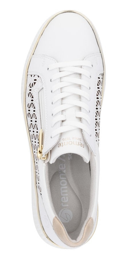 White leather sneaker with floral cutouts and side zipper.