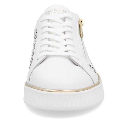White low-top sneaker with gold accents, lace-up closure, and a visible zipper.