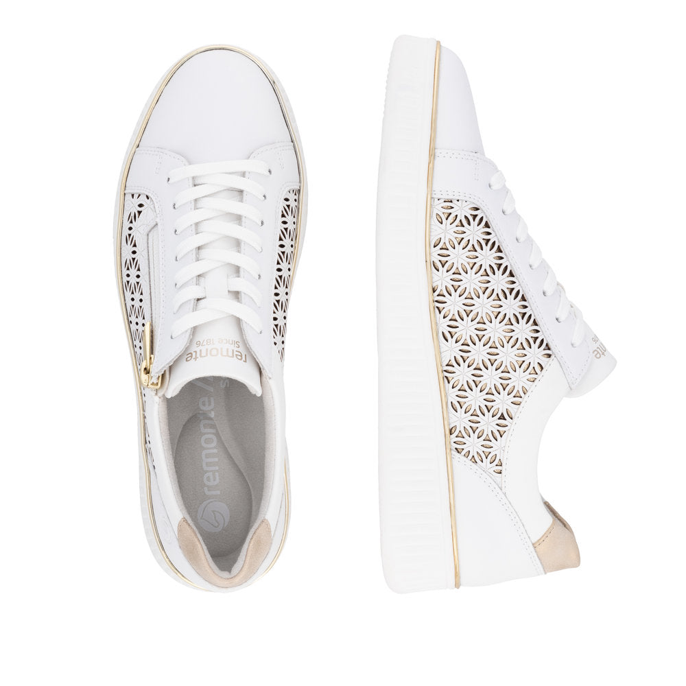 Two white leather sneakers, lace-up with zipper detail and tan accents.
