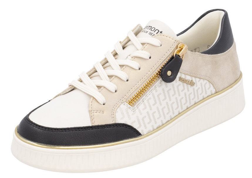 Low top sneaker with white toe, off-white quarter panel featuring a pattern, and gold side zipper
