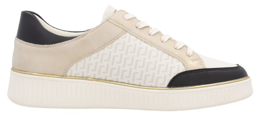 A low profile sneaker in white, beige and black.