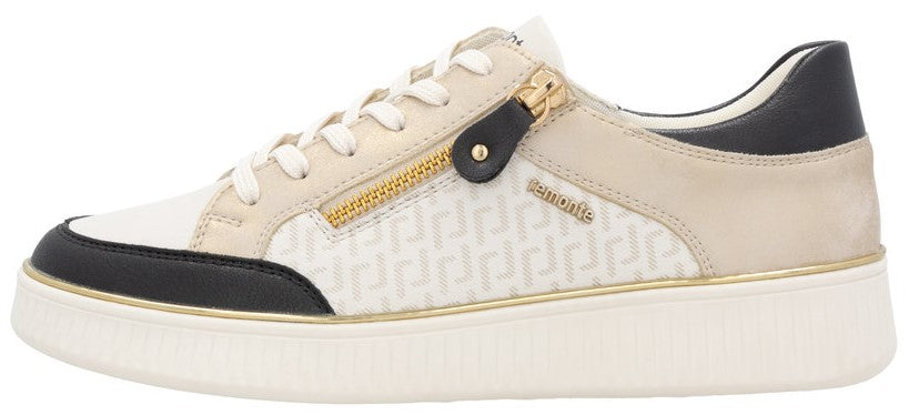 A white and beige sneaker with a zipper on the side.