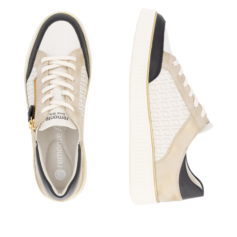 Two shoes with white soles, one facing up and one facing sideways, featuring off-white laces, a gold zipper detail, a tan heel, and a black toe and heel cap. "remonte / since 1876" is printed on the insole.