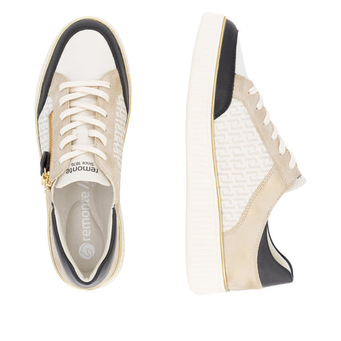 Two shoes with white soles, one facing up and one facing sideways, featuring off-white laces, a gold zipper detail, a tan heel, and a black toe and heel cap. "remonte / since 1876" is printed on the insole.