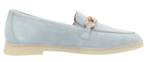 A light blue suede loafer with a square jeweled buckle.