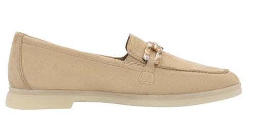 Tan-colored loafer with an decorative vamp strap.