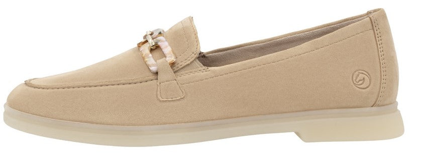 A beige loafer with a decorative chain across the top.