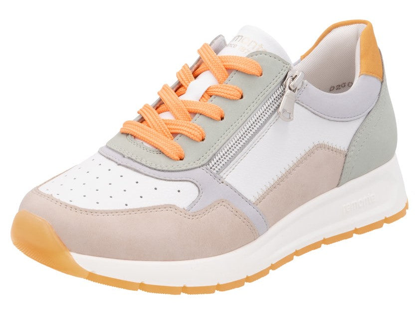 Multi-colored sneaker with orange laces and a side zipper.
