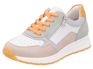 Multi-colored sneaker with orange laces and a side zipper.