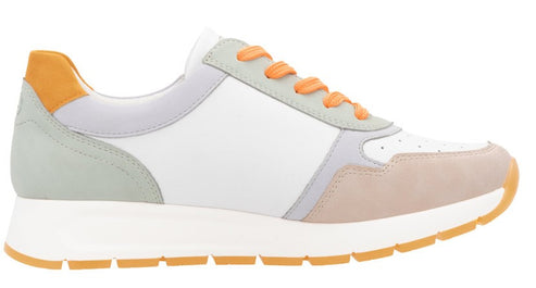 A low-profile sneaker with white, grey, and peach panels, orange laces, a yellow heel accent, and a white sole with a yellow outsole.