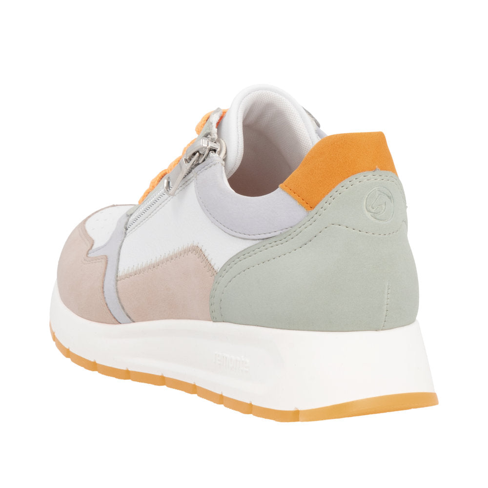Low-rise fashion sneaker, mix of white, peach, gray, light green and orange, with white sole.