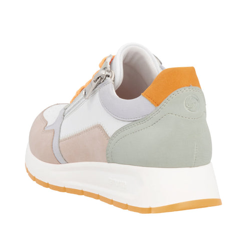 Low-rise fashion sneaker, mix of white, peach, gray, light green and orange, with white sole.